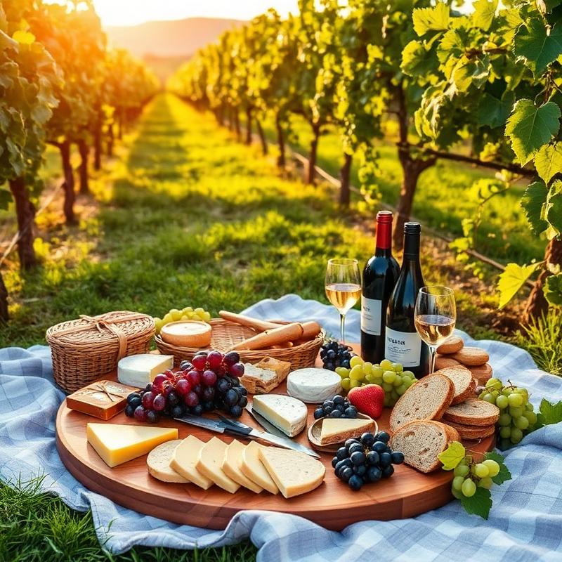 Vineyard picnic with wine and cheese